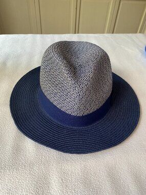 Blue Straw Fedora Hat Wide Brim Adjustable Summer Beach Hat